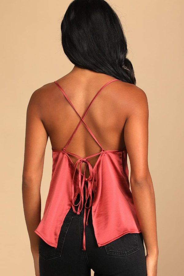 Sultry Vibes Rust Orange Satin Lace-Up Cowl Neck Tank Top