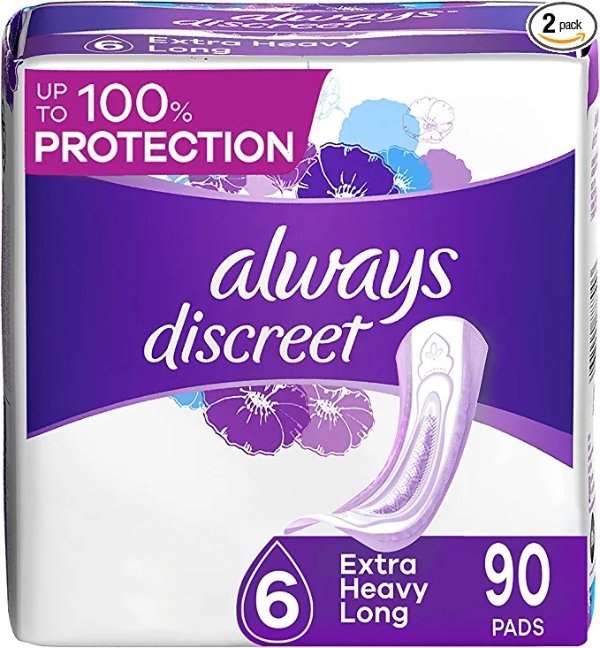 Discreet, Incontinence & Postpartum Pads For Women, Size 6, Extra Heavy Absorbency, Long Length, 45 Count X 2 Packs (90 Count Total)