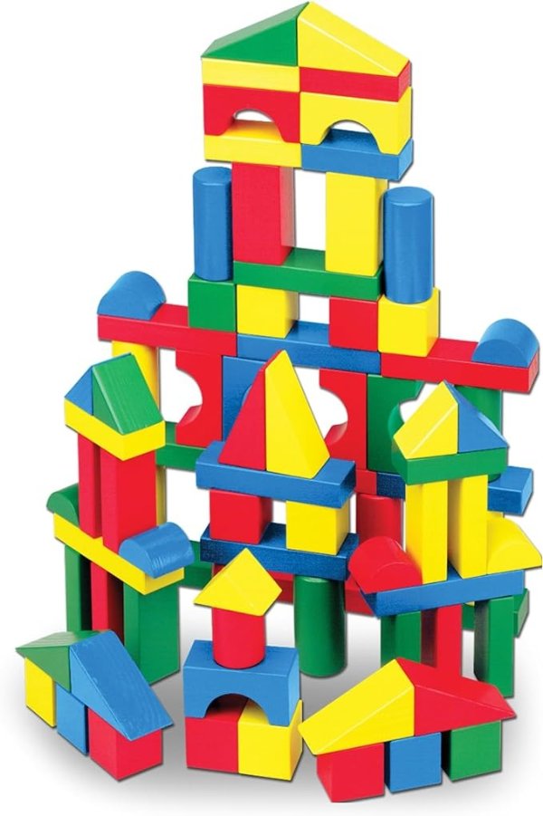 Wooden Building Blocks Set - 100 Blocks in 4 Colors and 9 Shapes