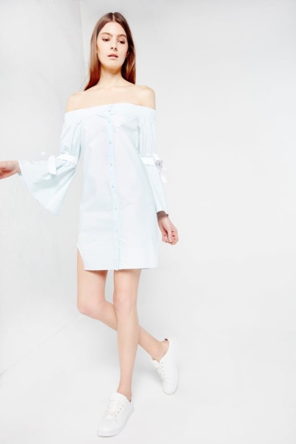 After Market Off-The-Shoulder Shirt Dress With Tie Sleeve Detail