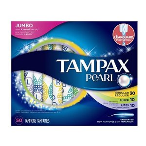 Tampax Pearl Plastic Triple Pack, Light/Regular/Super Absorbency, Unscented Tampons, 50 Count