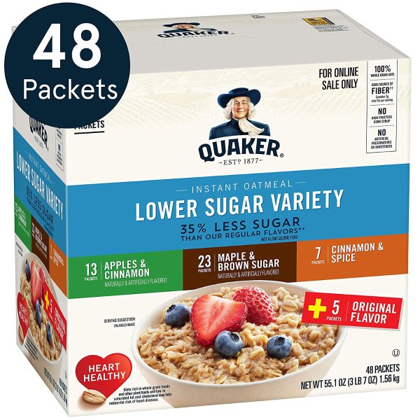 Instant Oatmeal, Lower Sugar, Variety Pack, Breakfast Cereal, 48 Counts