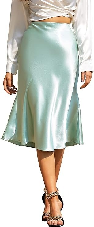 ALCEA ROSEA Womens Satin High Waisted Silk A-line Wedding Elegant Elastic Midi Skirt
