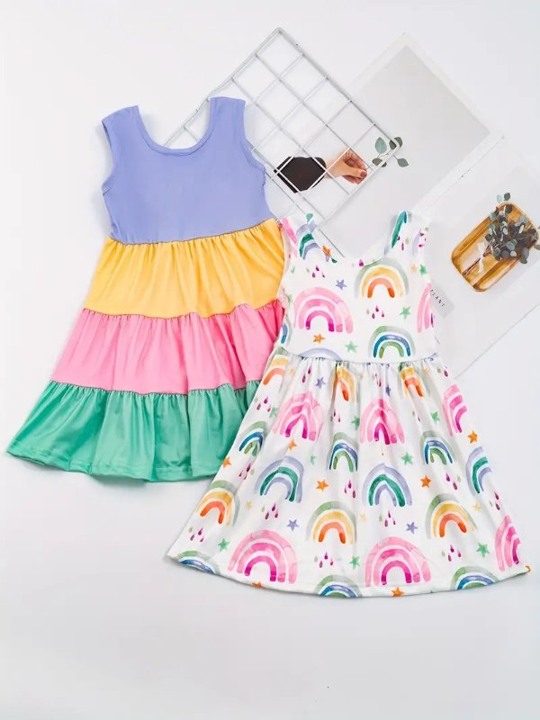 2pcs Girls Splicing Colorblock Ruffle Trim Dress + Rainbow Print Dress Set For Summer Spring Gift Party