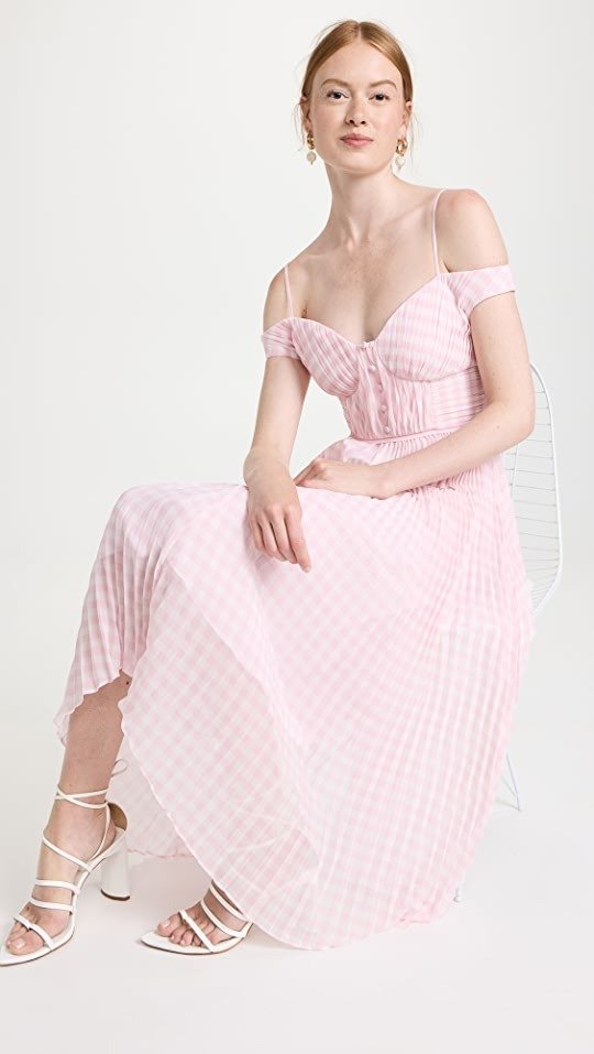 Pink Gingham Print Chiffon Midi Dress