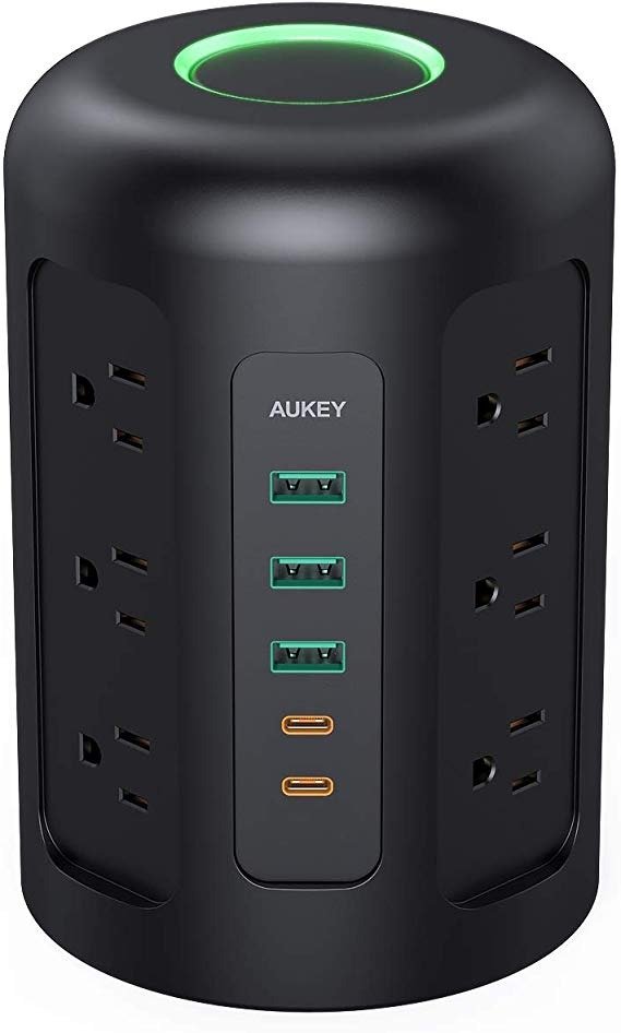 Power Strip Tower with 12 AC Outlets, 2 USB-C Ports, 3 USB Ports, and 5ft Power Cable, Charging Station for Smartphones, Tablets, Laptops, AirPods Pro, Power Banks, and More (Black)