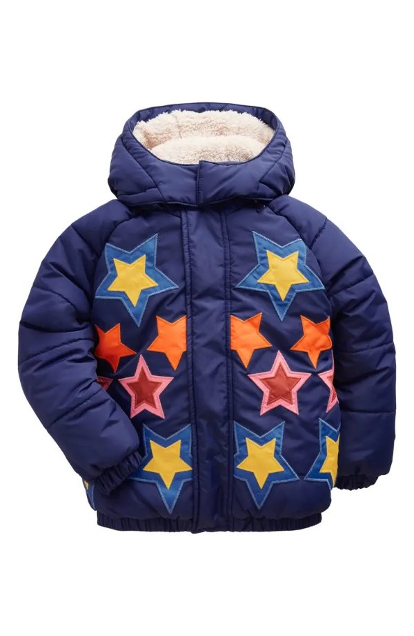 Kids' Star Applique Water Resistant Puffer Coat with Detachable Hood