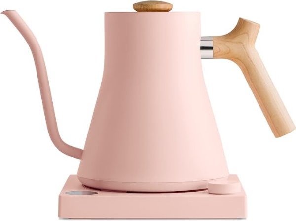 Stagg EKG Electric Gooseneck Kettle - Pour-Over Coffee and Tea Pot, Stainless Steel, Quick Heating, Warm Pink with Maple Wood Handle, 0.9 Liter
