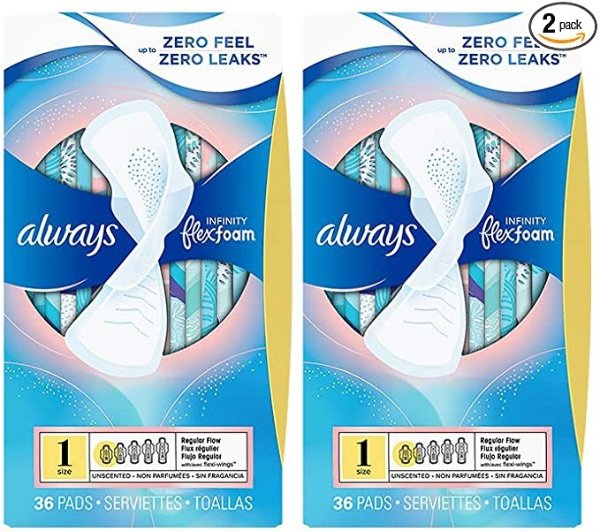 Infinity, Size 1, Regular Sanitary Pads with Wings, Unscented, 36 Count (Pack of 2)