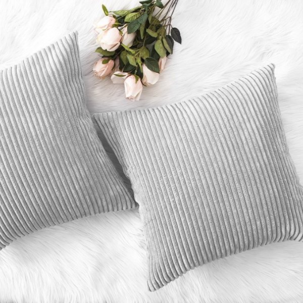 HOME BRILLIANT Thanksgiving Decor Throw Pillows Striped Velvet Cushion Cover for Chair Decorative Pillowcase, Set of 2, Light Grey, 18"x18"(45cm)