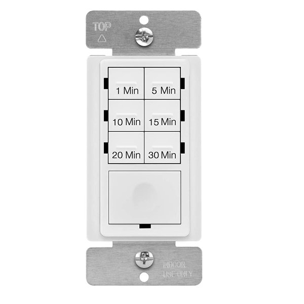 HET06A-R-W Countdown Timer Switch for bathroom fans and household lights, 1-5-10-15-20-30 Min Settings with Manual Override, Always On Blue LED, Wire Required, UL Listed, HET06A-R, White