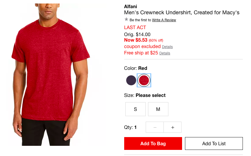 Alfani Men's Crewneck Undershirt 男士T恤