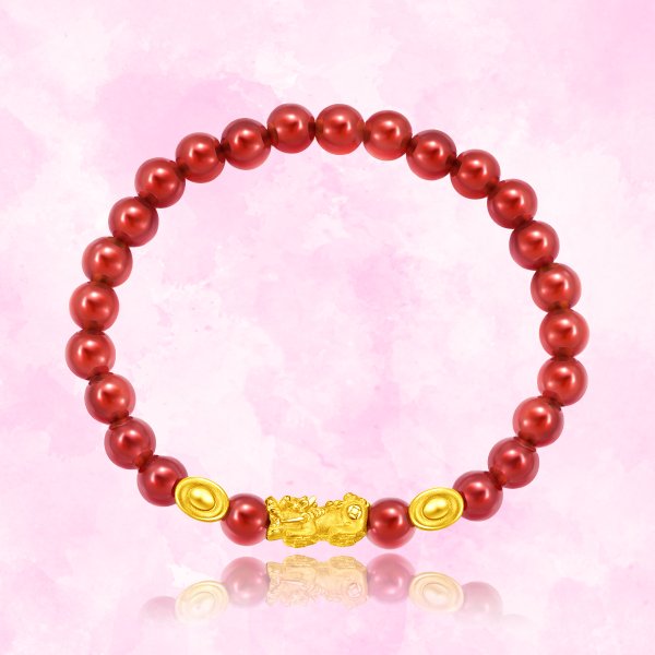 CHOW TAI FOOK 999 Pure 24K Gold Bracelet- Gold Pixiu and Ingot with Red Agate Marble Bracelet