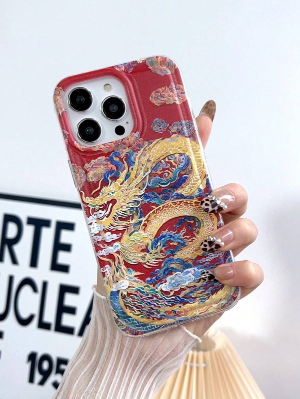 1pc Cool Chinese Style Golden Dragon Phone Case Compatible With Airbag Painted Phone Shell