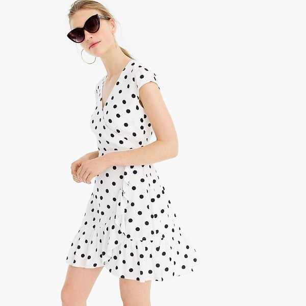 Ruffle-front mini dress in soft rayon polka dots