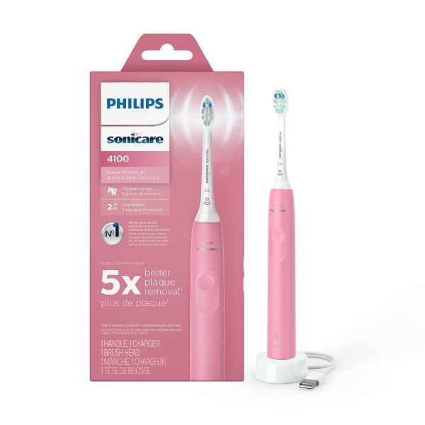 Sonicare 4100 Power Toothbrush, Rechargeable Electric Toothbrush with Pressure Sensor, Deep Pink HX3681/26