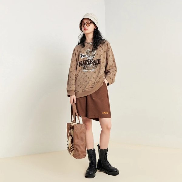 Tiger Paws Print Khaki Sweatshirt | Peacebird Women Fashion