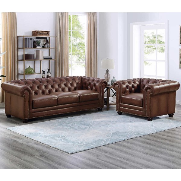 2-piece Top Grain Leather Set Sofa, Chair - Brown