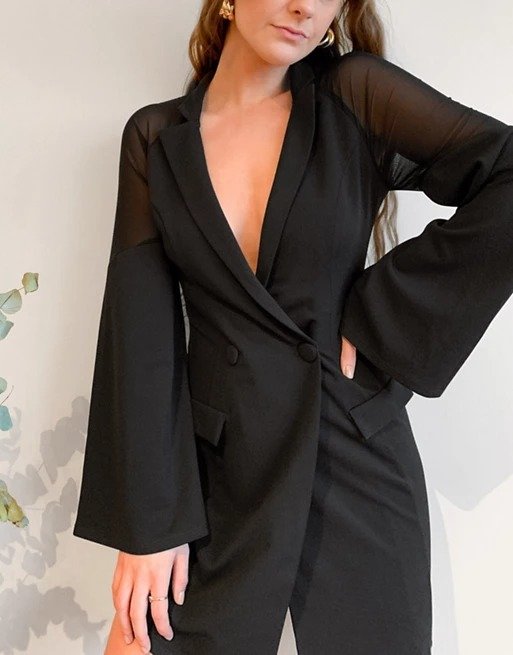 mesh sleeve off-the-shoulder tux oversized mini dress in black | ASOS
