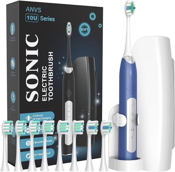 Sonic Electric Toothbrushes for Adults - Rechargeable Electric Toothbrush with Travel Case, 8 Brush Heads and a Holder, Power Whitening Toothbrush Fast Charge for 90 Days Use(Dark Blue)