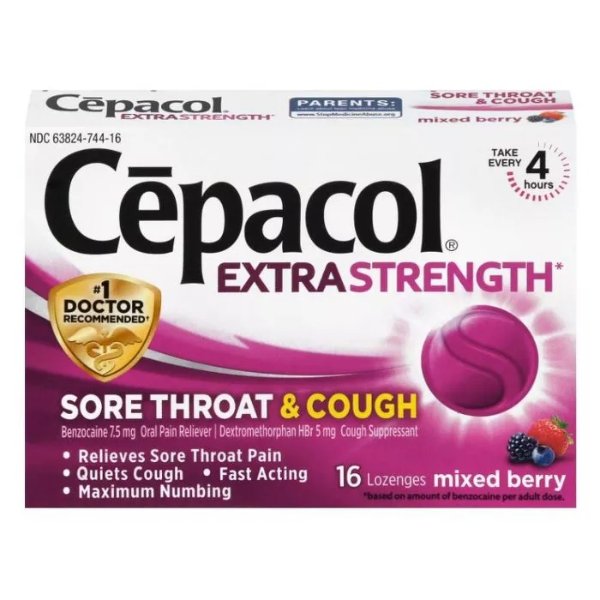 Extra Strength Sore Throat & Cough Lozenges - Benzocaine - Mixed Berry - 16ct