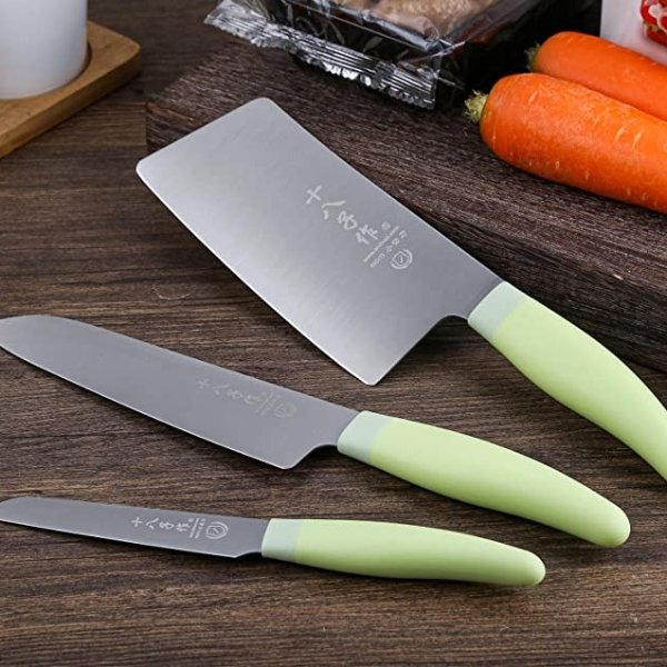 SHI BA ZI ZUO Knife Set of 3 Piece Kitchen Knife Meat Cleaver Santoku Knife Paring Knife Cutting Meat Vegetable Fruit for Home Green
