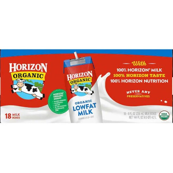 Horizon, Organic Low-fat Milk, 8 oz, 18-Count