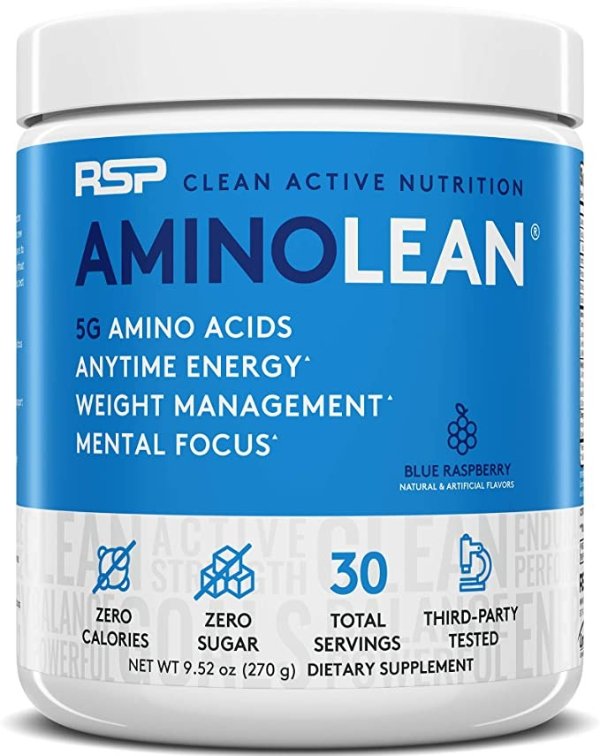 RSP AminoLean - All-in-One Pre Workout, Amino Energy, Weight Management Supplement with Amino Acids, Complete Preworkout Energy for Men & Women, Blue Raspberry, 30