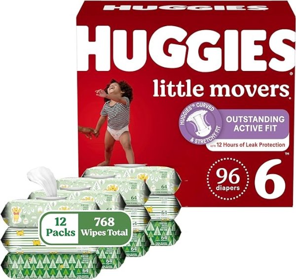 Baby Diapers and Wipes Bundle: Huggies Little Movers Size 6, 96ct & Natural Care Sensitive Baby, Unscented, Hypoallergenic, 12 Flip-Top Packs (768 Wipes Total)