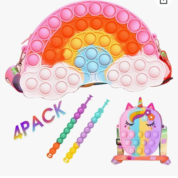 IIIHAT 4 PCS Fidget Toys Set,Rainbow Pop Bag,Unicorn Pop Bag,Pop Bracelets Bulk,Kids Handbag