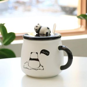 Teagas Cute Black & White Ceramic 3D Panda Coffee Mug with Stainless Steel Spoon