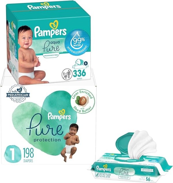 Pure Protection Diapers, Size 1 198 Count with Aqua Pure 6X Pop-Top Sensitive Water Baby Wipes - 336 Count