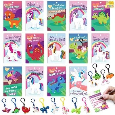 Syncfun 28 Pack Unicorn and Dinosaur Keychain with Valentines Day Cards for Kids-Classroom Exchange Gifts, Party Favor
