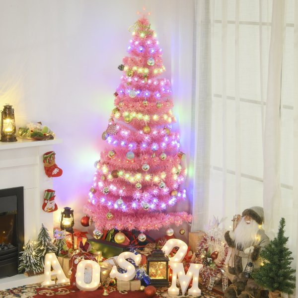 HOMCOM 6FT Tall Artificial Tree Multi-Colored Fiber Optic LED Pre-Lit Holiday Home Christmas Decoration Pink, Christmas Trees | Aosom