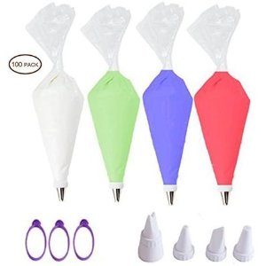 CHIYAN Disposable Piping Bags Set with 4 decorating tips and 3 Bag Ties for Cake Decorating Royal Frosting