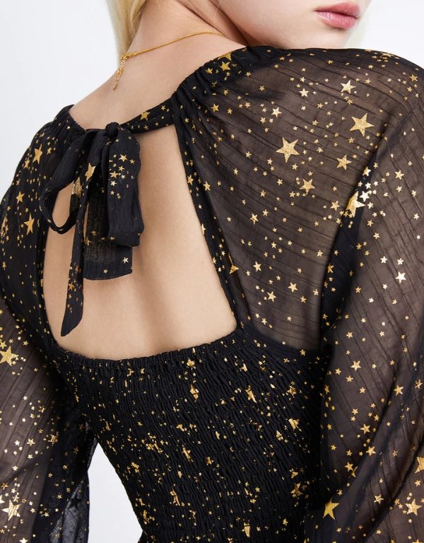 Golden Star Print Ruched Bust Dress
