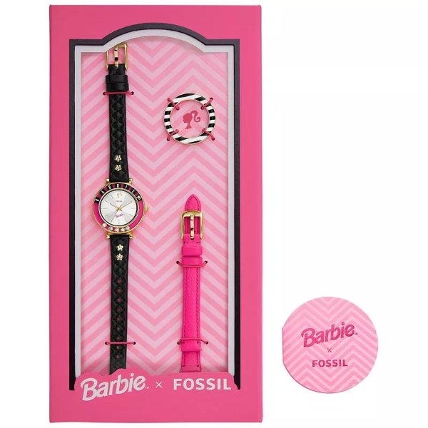 Barbie x Limited Edition Three-hand Quartz Black Litehide Leather Watch 28mm and Interchangeable Strap Set, 28mm