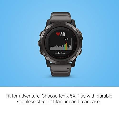 Garmin fenix 5X Plus, Ultimate Multisport GPS Smartwatch, Features Color Topo Maps and Pulse Ox, Heart Rate Monitoring, Music and Pay, Gray W/Titanium Band