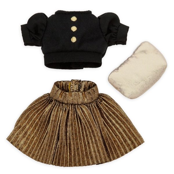 nuiMOs Outfit – Black Sweater with Gold Pleated Skirt and Gold Clutch | shop