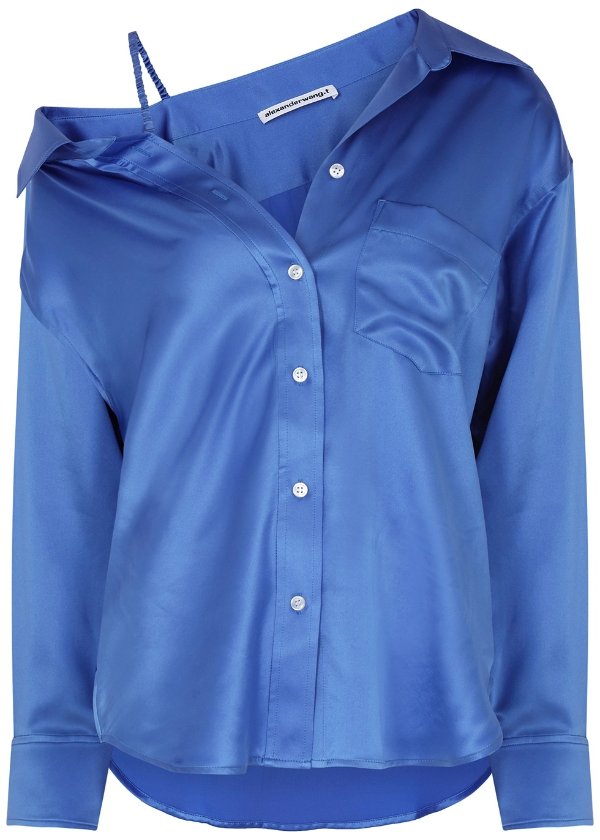 Blue off-the-shoulder silk shirt