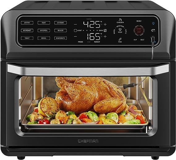 Air Fryer Toaster Oven Combo with Probe Thermometer, 12-In-1 Stainless Black Convection Oven Countertop, 10 Inch Pizza, 4 Slices of Toast, Cooking, Baking, Toasting, Roaster Oven Airfryer 20QT