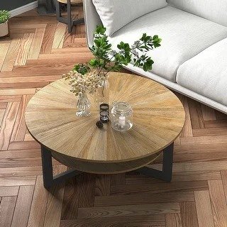 Round Coffee Table with Solid Wood Storage Circle Center Table - 33'5"x17'8" - Rustic Wood