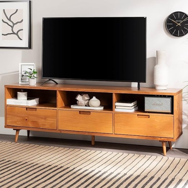 Millie Mid Century Modern 3 Drawer Solid Wood Low Stand for TVs up to 80 Inches, 70 Inch, Caramel