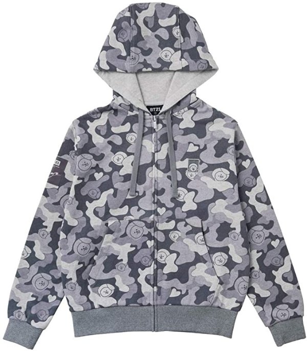 Official Merchandise by Line Friends - Character Camouflage Zip Up Hoodie Sweater for Men and Women, Parent