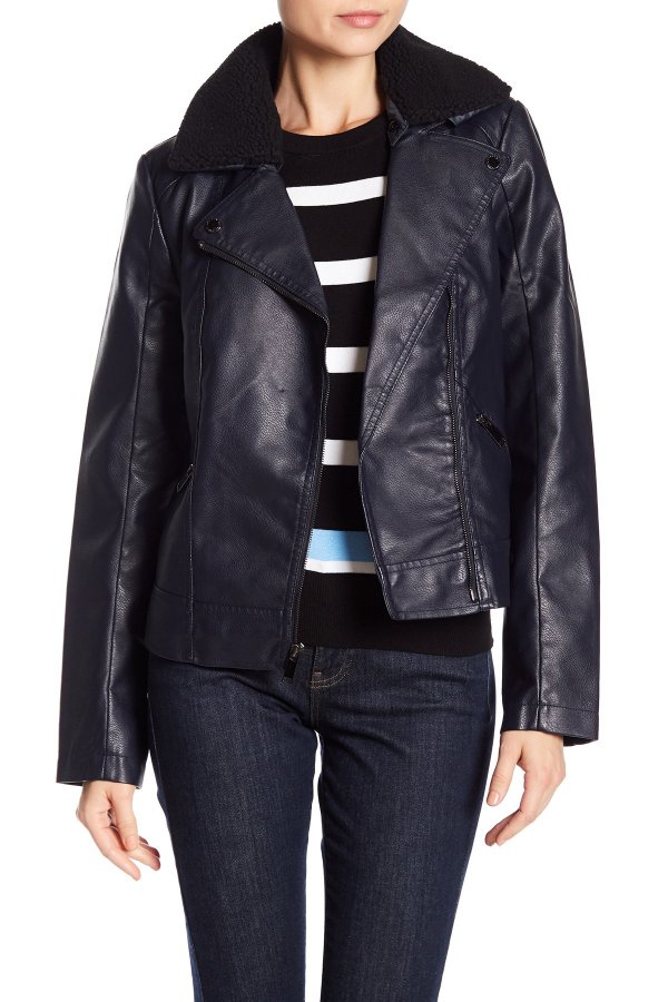 Moto Faux Fur Collared Faux Leather Jacket