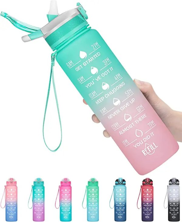 32oz Leakproof Motivational Sports Water Bottle with Straw & Time Marker, Flip Top Durable BPA Free Tritan Non-Toxic Frosted Bottle Perfect for Office, School, Gym and Workout