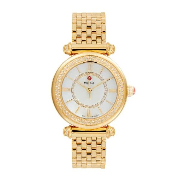 Caber 35MM 18K Goldplated Stainless Steel, 0.56 TCW Diamond & Mother of Pearl Analog Watch