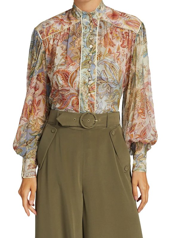 Lucky Bound Puff-Sleeve Floral Silk Blouse