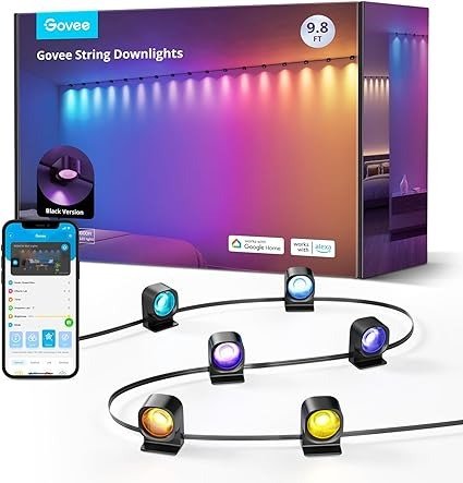 RGBIC String Downlights, Smart LED String Lights Works with Alexa, Color Changing Indoor Wall Light Fixture for Party, New Year & Daily, Music Sync, 9.8ft with 15 LEDs, Black
