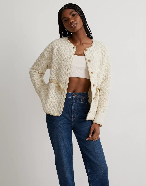 Quilted Jacquard Snap-Front Collarless Jacket in Daisy Blooms